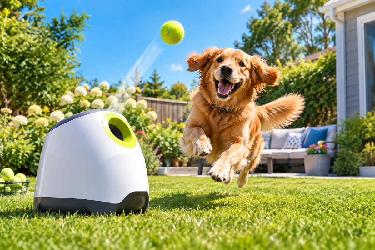 Dog with Automatic Ball Launcher